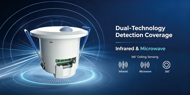 PD-PRW26D minangka sensor gerakan ing langit-langit sing nggabungake teknologi sensing gelombang mikro lan inframerah ing siji unit.